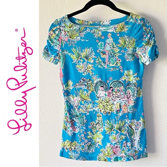 Lilly Pulitzer Jungle Glam Blue Toile Print Tropical Tee Top Size XS - Picture 1 of 12